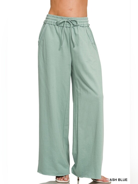Zenana Outfitters Pants - Zenana French Terry Wide Leg Sweatpants- Ash Blue